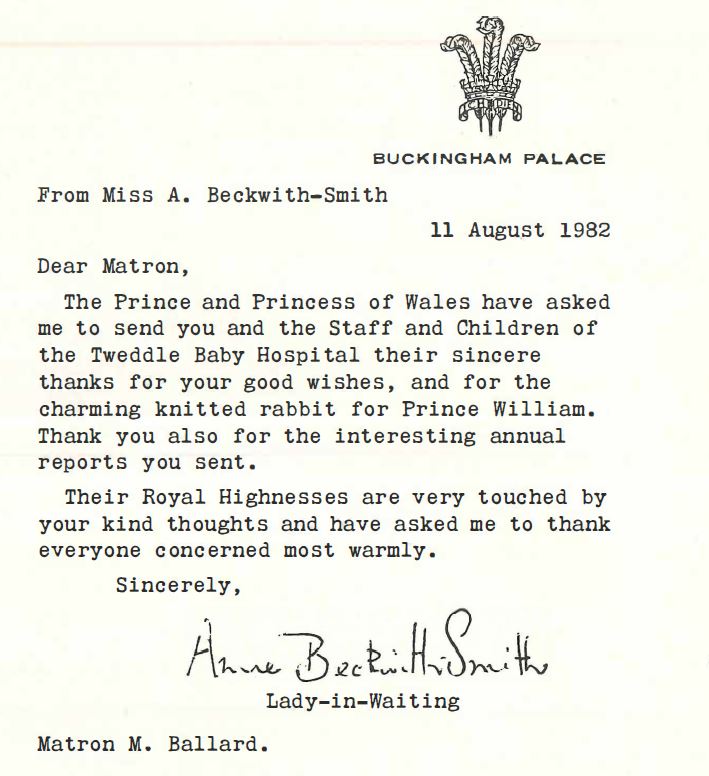Letter to Tweddle from Buckingham Palace 1982 birth of Prince William